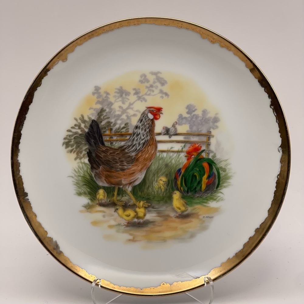 Vintage Rooster Hen Chick Plate Gold Rim Farm Scene Cottage Decor
